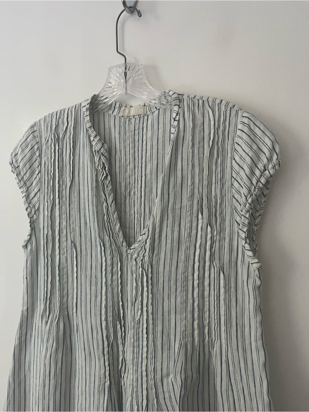 CP Shades Regina 100% Linen Tunic Top Cap Sleeve Blue Stripe Coastal Beach S - Picture 2 of 8